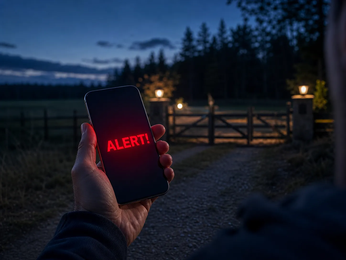 Osoba trzyma smartfon z czerwonym komunikatem ALERT wieczorem w pobliżu posesji