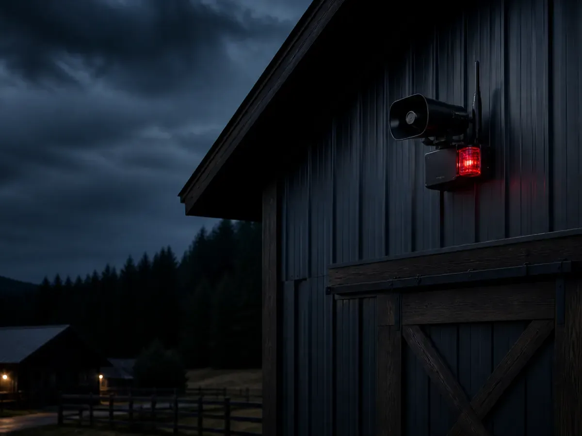 Syrena alarmowa i kamera na budynku gospodarczym